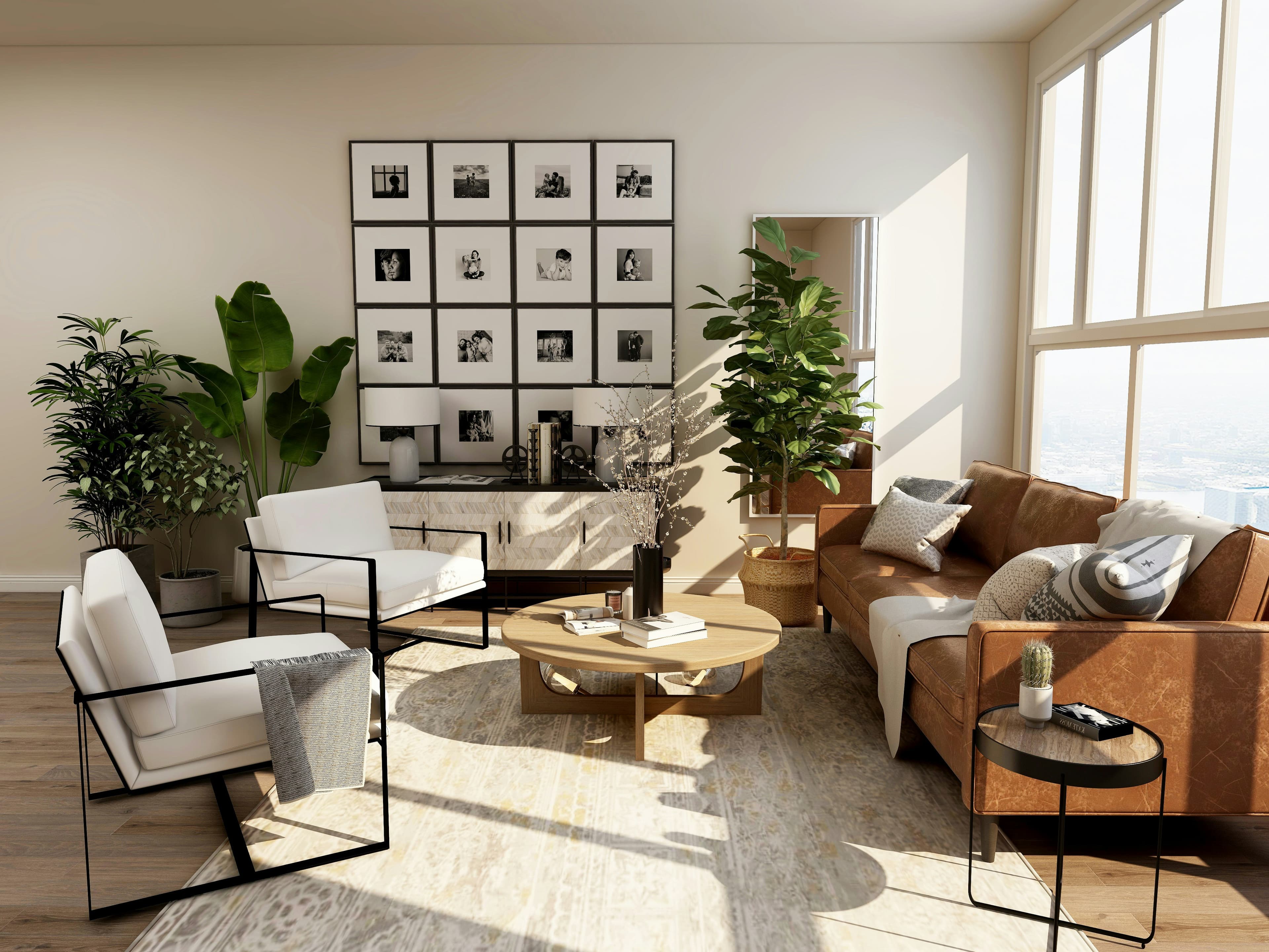 Soggiorno elegante con arredi in legno e luce naturale